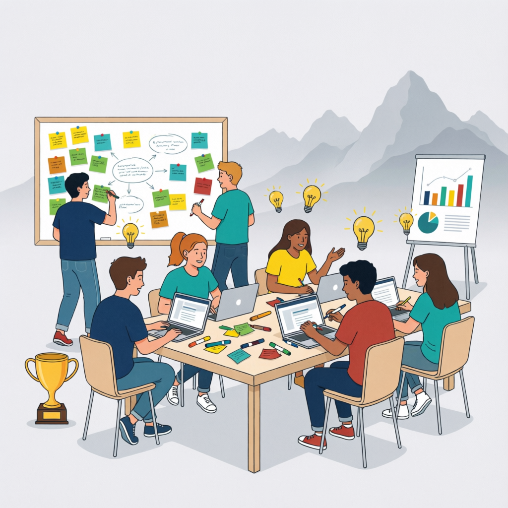 Ilustración de equipos interdisciplinarios trabajando en un ideatón con laptops y notas adhesivas
